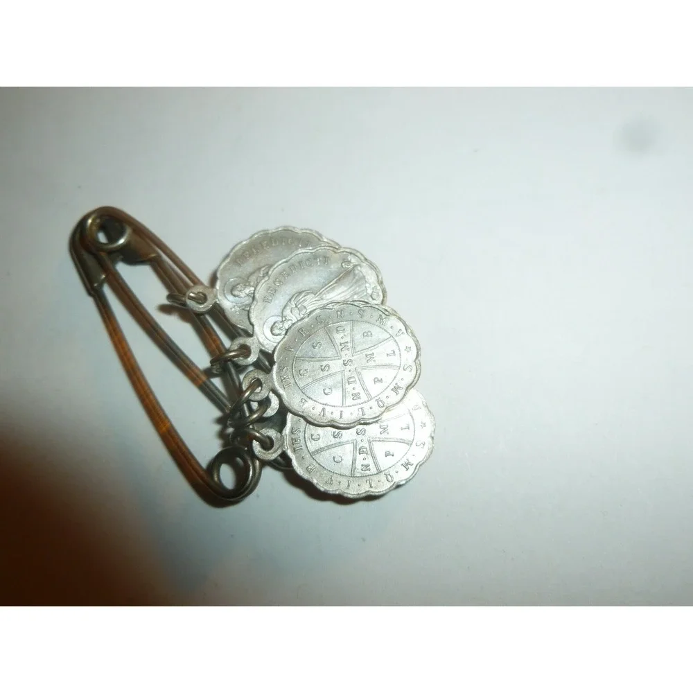 Vintage St Benedict Religious Medals‎ Silver Tone Safety Pin Charm Catholic 3pc